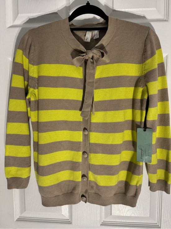 Forever 21 Sweaters - Forever 21 Taupe and Neon Yellow Striped Bow Tie Cardigan